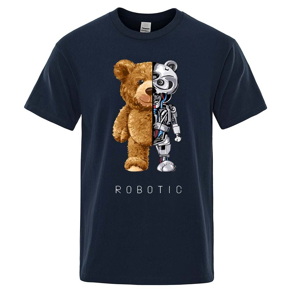 Robotic Bear Men Short Sleeve Fashion Casual Clothing Summer Cotton Tees Oversized Street T-Shirts