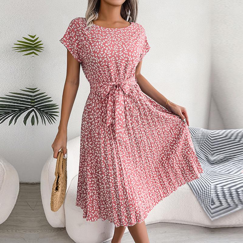 Ficusrong Fashion Floral Pleated A Line Long Dress Women Spring Summer Short Sleeve High Waist Chic Dress