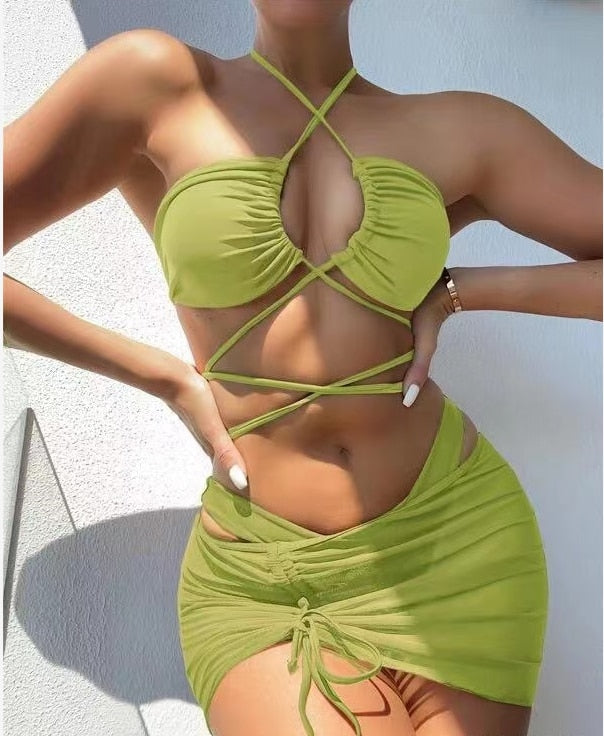 2023 New 3 Pieces Set Swimsuit Women High Waist Swimwear Sexy Lace Up Micro Bikini Set With Skirt Solid Beachwear Bathing Suit