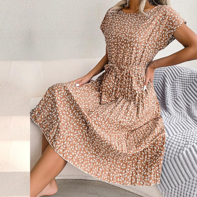 Ficusrong Fashion Floral Pleated A Line Long Dress Women Spring Summer Short Sleeve High Waist Chic Dress