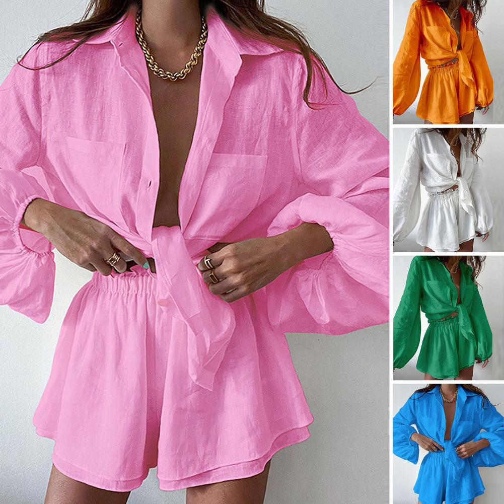 2Pcs/Set Stylish Anti-Pilling Women Outfit Lantern Long Sleeve Versatile Turn-down Collar Shirt Wide Leg Shorts Set