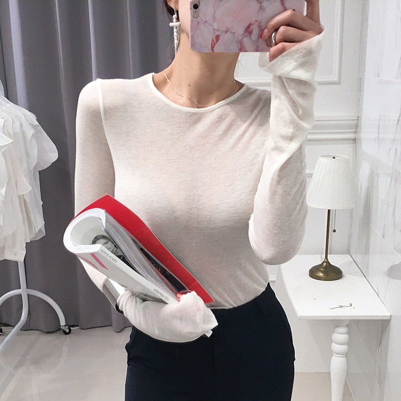 Shintimes Sexy Shirt Women T-Shirt Long Sleeve Korean Style Slim Basic Elasticity Tshirt Top Womens Clothing T Shirt Femme