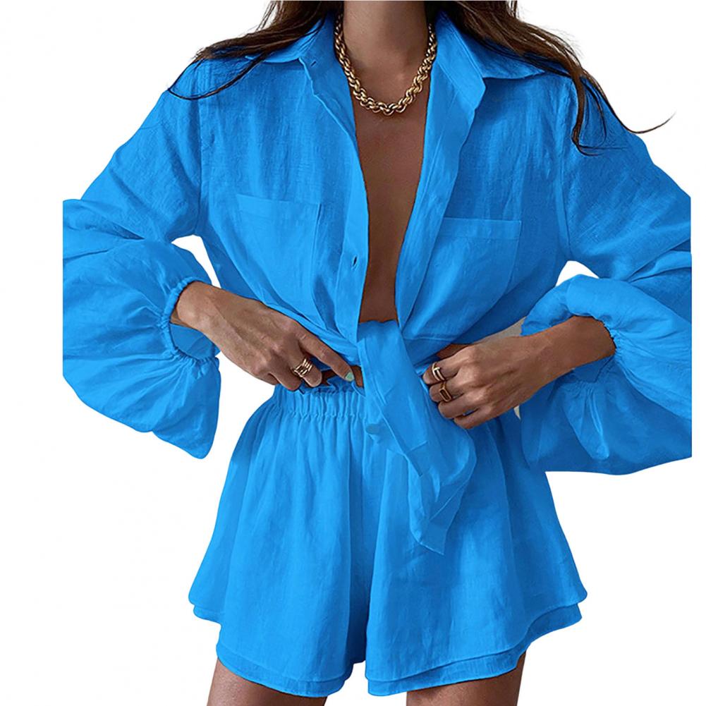 2Pcs/Set Stylish Anti-Pilling Women Outfit Lantern Long Sleeve Versatile Turn-down Collar Shirt Wide Leg Shorts Set