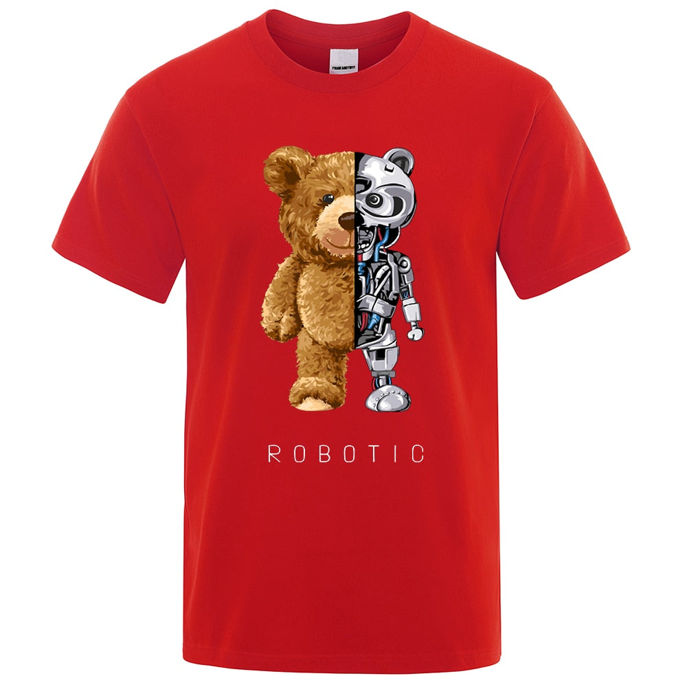 Robotic Bear Men Short Sleeve Fashion Casual Clothing Summer Cotton Tees Oversized Street T-Shirts