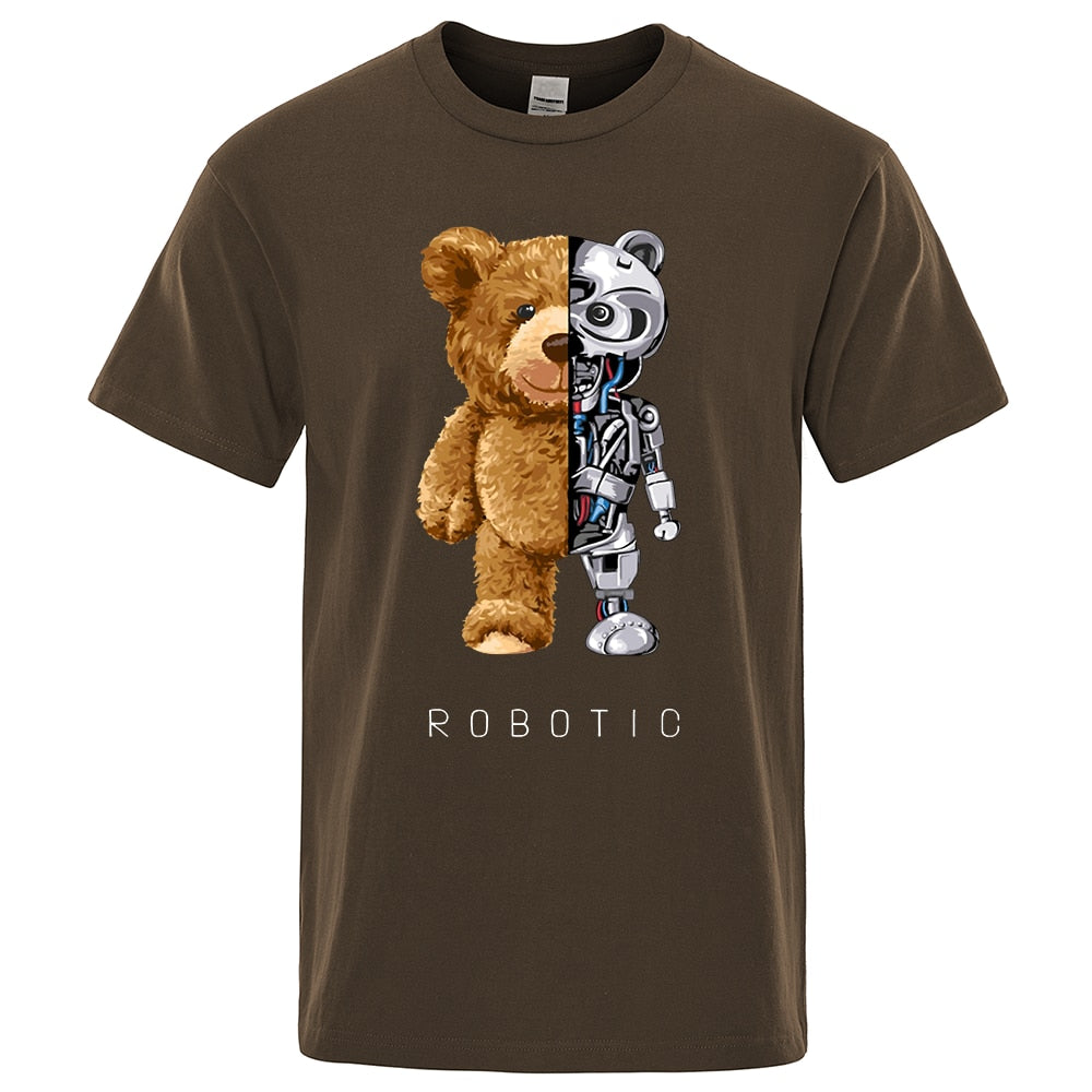 Robotic Bear Men Short Sleeve Fashion Casual Clothing Summer Cotton Tees Oversized Street T-Shirts