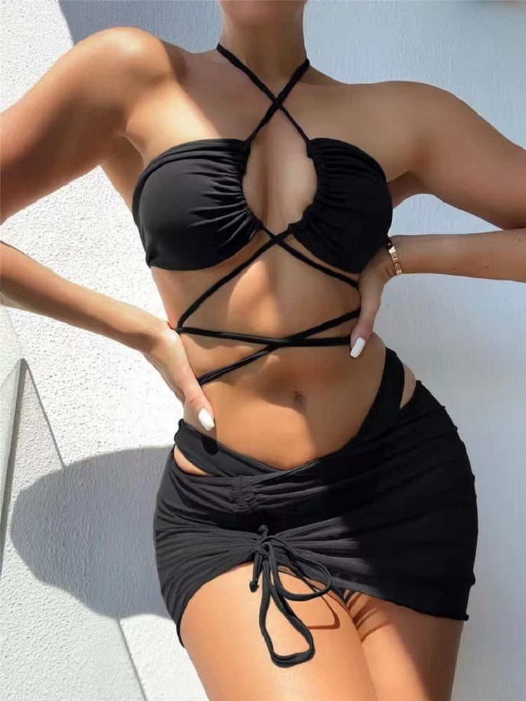 2023 New 3 Pieces Set Swimsuit Women High Waist Swimwear Sexy Lace Up Micro Bikini Set With Skirt Solid Beachwear Bathing Suit