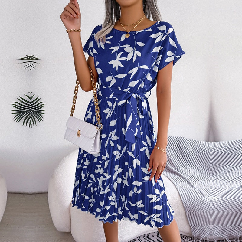 Ficusrong Fashion Floral Pleated A Line Long Dress Women Spring Summer Short Sleeve High Waist Chic Dress