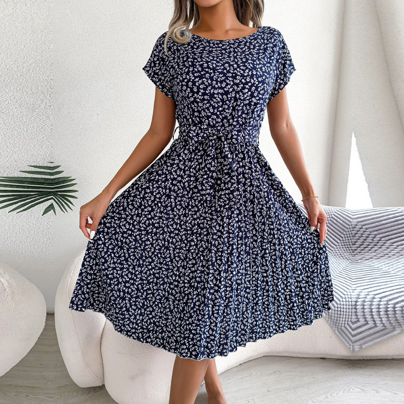 Ficusrong Fashion Floral Pleated A Line Long Dress Women Spring Summer Short Sleeve High Waist Chic Dress