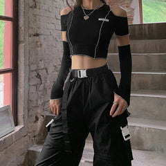 Patchwork Black T-shirts Gothic One Shoulder Sleeve Y2k Crop Tops Ruffles Hem Hip Hop Techwear Women Tees