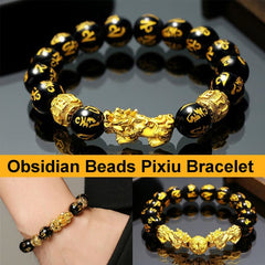 Obsidian Stone Beads Bracelet Pixiu Bring  Wealth Good Luck Feng Shui Chinese Beast Wristband Gold Pixiu Men Women Bracelet